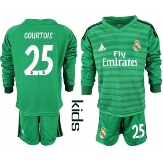 Real Madrid 25 Courtois Green Goalkeeper Long Sleeves Kid Soccer Club Jersey