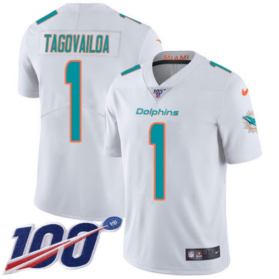 Men's Miami Dolphins 1 Tua Tagovailoa White Stitched 100th Season Vapor Untouchable Limited Jersey