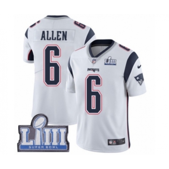 Youth Nike New England Patriots 6 Ryan Allen White Vapor Untouchable Limited Player Super Bowl LIII Bound NFL Jersey