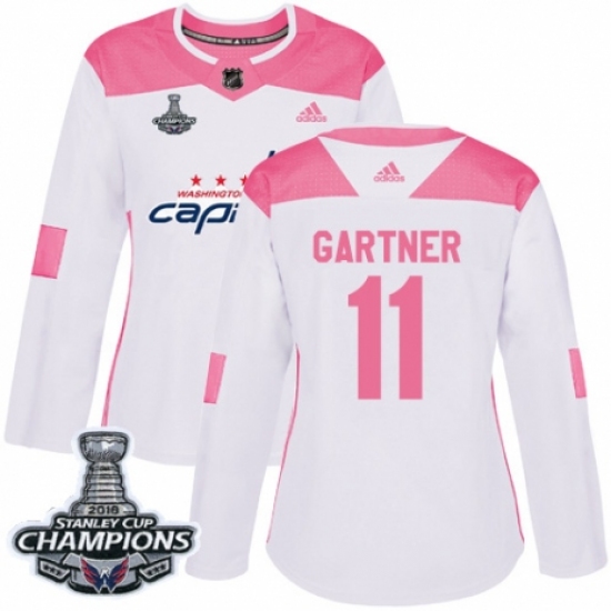 Women's Adidas Washington Capitals 11 Mike Gartner Authentic White Pink Fashion 2018 Stanley Cup Final Champions NHL Jersey