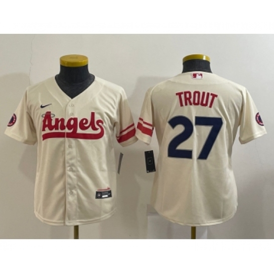 Youth Los Angeles Angels 27 Mike Trout Cream 2022 City Connect Cool Base Stitched Jersey