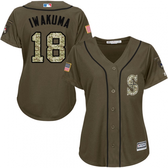 Women's Majestic Seattle Mariners 18 Hisashi Iwakuma Replica Green Salute to Service MLB Jersey