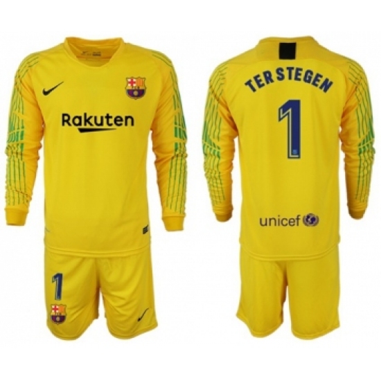 Barcelona 1 Ter Stegen Yellow Goalkeeper Long Sleeves Soccer Club Jersey