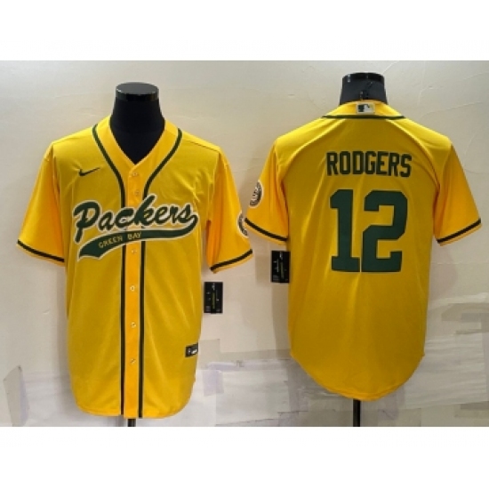 Men's Green Bay Packers 12 Aaron Rodgers Yellow Stitched MLB Cool Base Nike Baseball Jersey