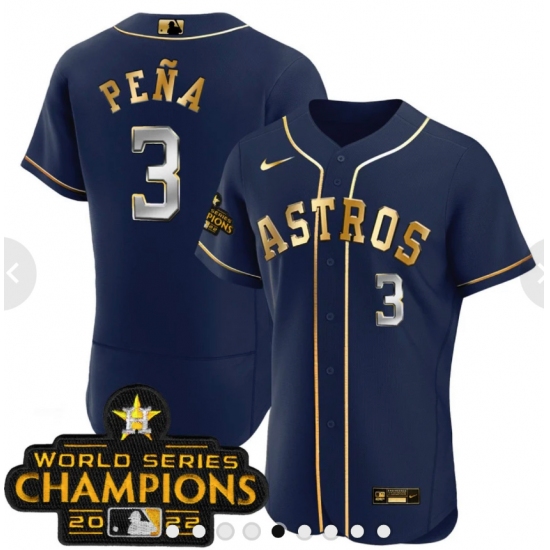 Men's Houston Astros 3 Jeremy Pena 2023 Blue Gold World Serise Champions Base Stitched Jerseys