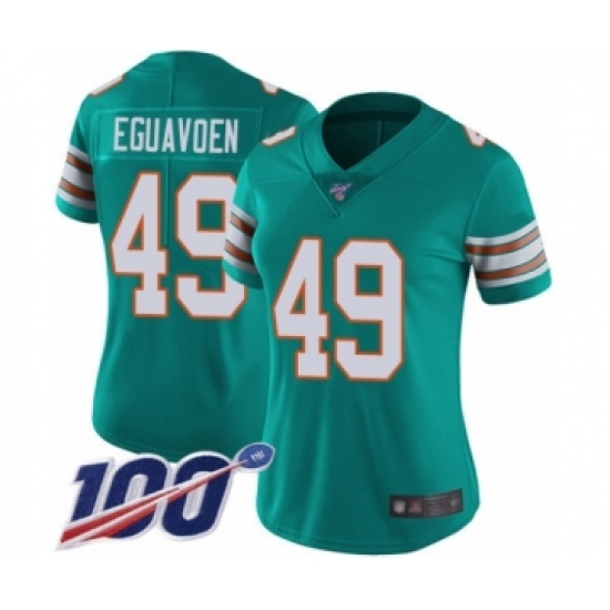 Women's Miami Dolphins 49 Sam Eguavoen Aqua Green Alternate Vapor Untouchable Limited Player 100th Season Football Jersey