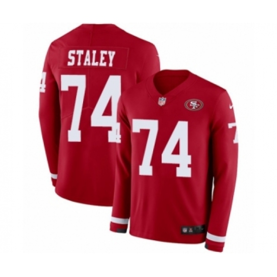 Men's Nike San Francisco 49ers 74 Joe Staley Limited Red Therma Long Sleeve NFL Jersey