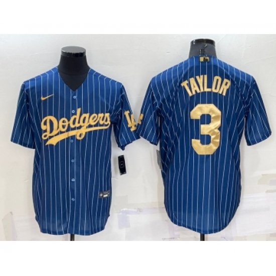 Men's Los Angeles Dodgers 3 Chris Taylor Navy Blue Gold Pinstripe Stitched MLB Cool Base Nike Jersey