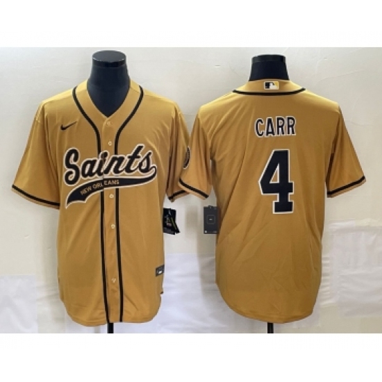 Men's New Orleans Saints 4 Derek Carr Gold Cool Base Stitched Baseball Jersey