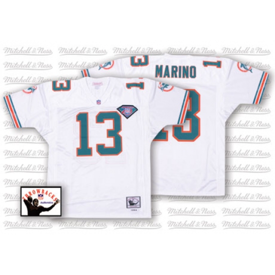 Mitchell and Ness Miami Dolphins 13 Dan Marino White 75TH Anniversary Authentic Throwback NFL Jersey