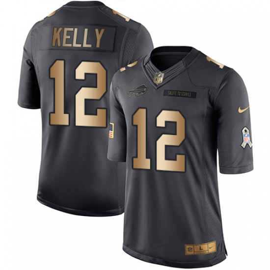 Men's Nike Buffalo Bills 12 Jim Kelly Limited Black/Gold Salute to Service NFL Jersey