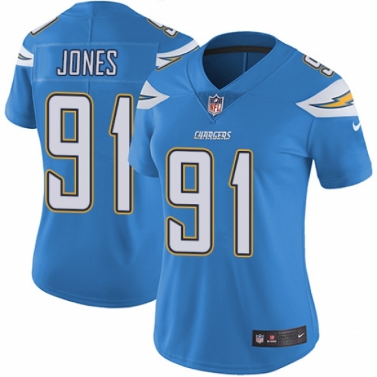 Women's Nike Los Angeles Chargers 91 Justin Jones Electric Blue Alternate Vapor Untouchable Elite Player NFL Jersey