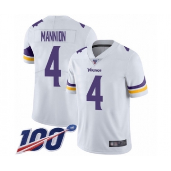 Men's Minnesota Vikings 4 Sean Mannion White Vapor Untouchable Limited Player 100th Season Football Jersey