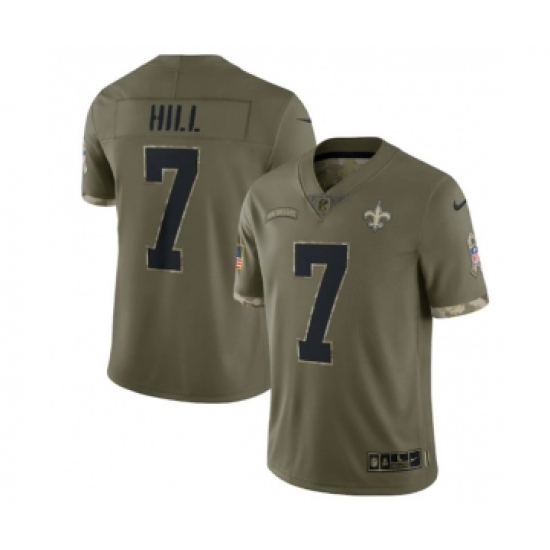 Men's New Orleans Saints 7 Taysom Hill 2022 Olive Salute To Service Limited Stitched Jersey