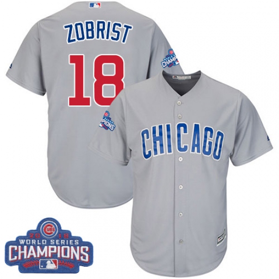 Youth Majestic Chicago Cubs 18 Ben Zobrist Authentic Grey Road 2016 World Series Champions Cool Base MLB Jersey