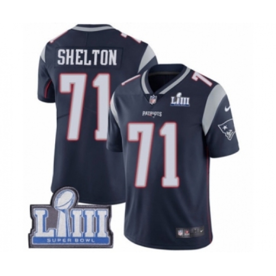 Men's Nike New England Patriots 71 Danny Shelton Navy Blue Team Color Vapor Untouchable Limited Player Super Bowl LIII Bound NFL Jersey