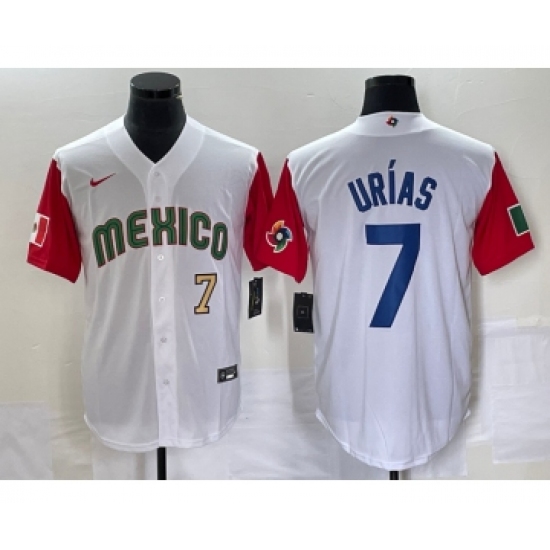 Men's Mexico Baseball 7 Julio Urias Number 2023 White Red World Classic Stitched Jersey2