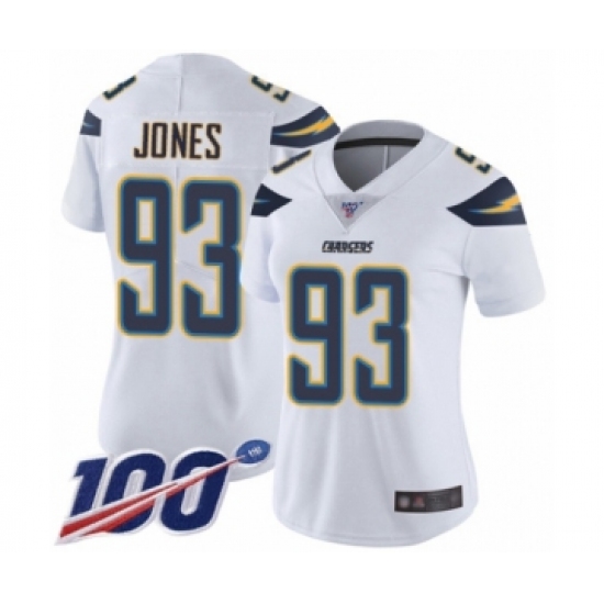 Women's Los Angeles Chargers 93 Justin Jones White Vapor Untouchable Limited Player 100th Season Football Jersey
