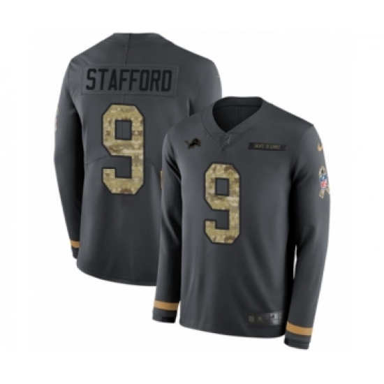 Men's Nike Detroit Lions 9 Matthew Stafford Limited Black Salute to Service Therma Long Sleeve NFL Jersey