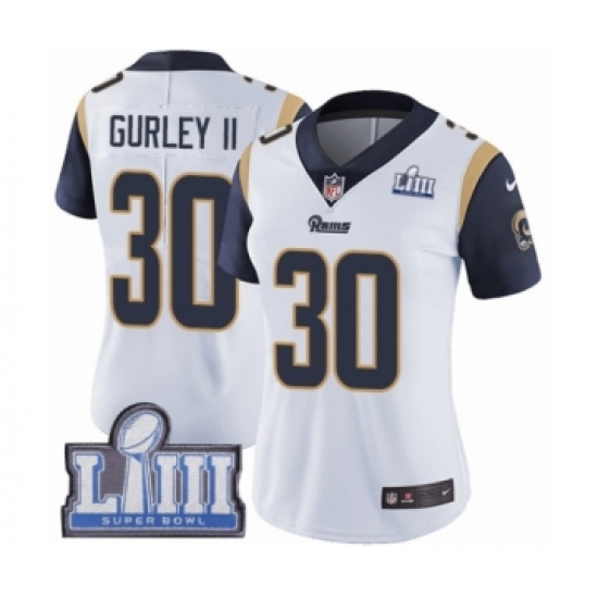 Women's Nike Los Angeles Rams 30 Todd Gurley White Vapor Untouchable Limited Player Super Bowl LIII Bound NFL Jersey