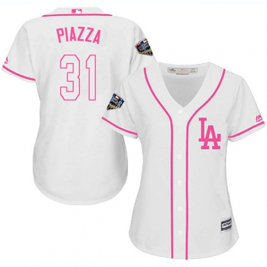 Women's Majestic Los Angeles Dodgers 31 Mike Piazza Authentic White Fashion Cool Base 2018 World Series MLB Jersey