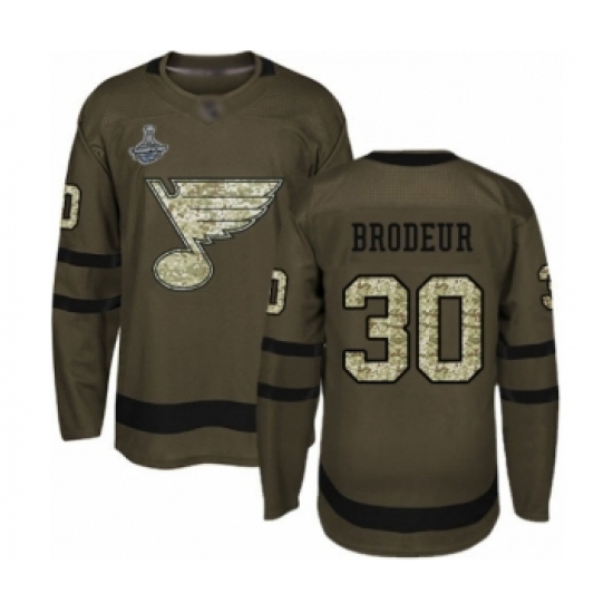 Youth St. Louis Blues 30 Martin Brodeur Premier Green Salute to Service 2019 Stanley Cup Champions Hockey Jersey