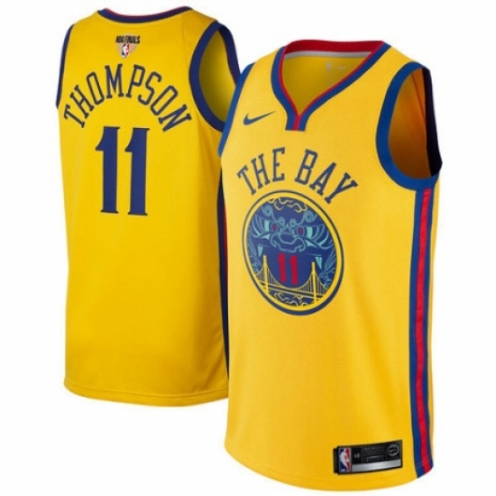 Men's Nike Golden State Warriors 11 Klay Thompson Authentic Gold 2018 NBA Finals Bound NBA Jersey - City Edition