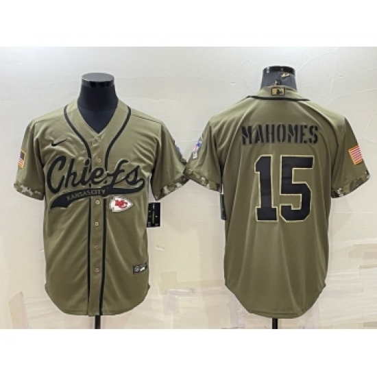 Men's Kansas City Chiefs 15 Patrick Mahomes 2022 Olive Salute to Service Cool Base Stitched Baseball Jersey