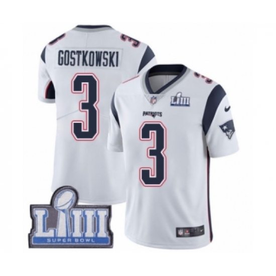 Men's Nike New England Patriots 3 Stephen Gostkowski White Vapor Untouchable Limited Player Super Bowl LIII Bound NFL Jersey