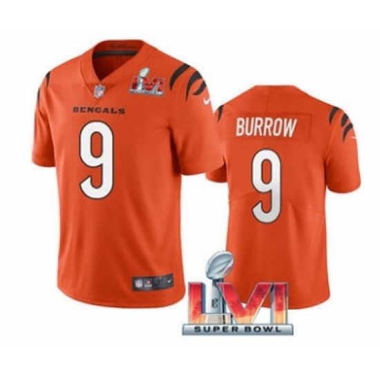 Men's Cincinnati Bengals 9 Joe Burrow Orange 2022 Super Bowl LVI Vapor Limited Stitched Jersey