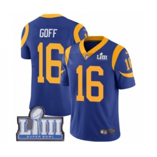Men's Nike Los Angeles Rams 16 Jared Goff Royal Blue Alternate Vapor Untouchable Limited Player Super Bowl LIII Bound NFL Jersey