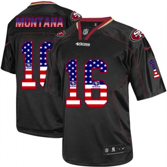 Men's Nike San Francisco 49ers 16 Joe Montana Elite Black USA Flag Fashion NFL Jersey