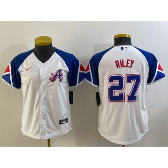 Youth Atlanta Braves 27 Austin Riley White 2023 City Connect Cool Base Stitched Jersey