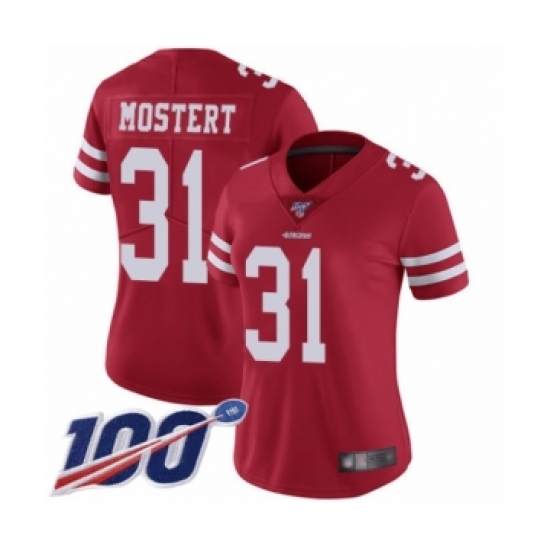 Women's San Francisco 49ers 31 Raheem Mostert Red Team Color Vapor Untouchable Limited Player 100th Season Football Jersey