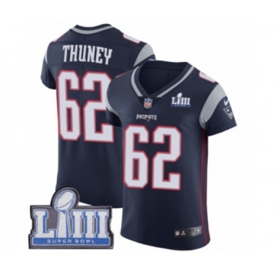 Men's Nike New England Patriots 62 Joe Thuney Navy Blue Team Color Vapor Untouchable Elite Player Super Bowl LIII Bound NFL Jersey