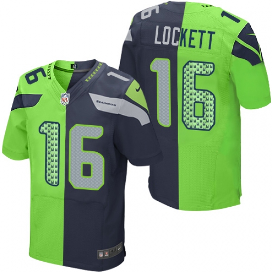 Men's Nike Seattle Seahawks 16 Tyler Lockett Elite Navy/Green Split Fashion NFL Jersey