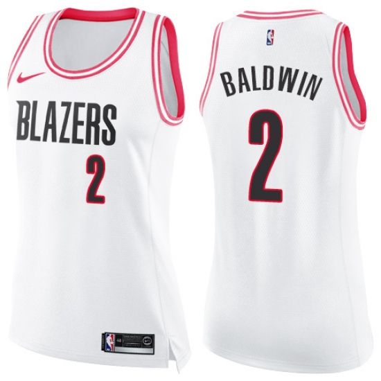 Women's Nike Portland Trail Blazers 2 Wade Baldwin Swingman White Pink Fashion NBA Jersey