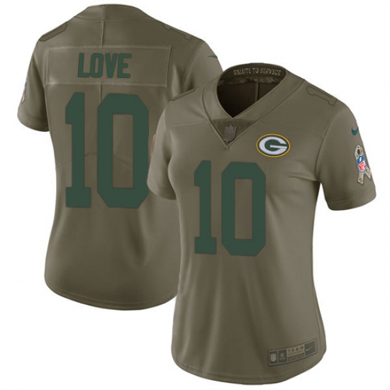 Women's Green Bay Packers 10 Jordan Love Olive Stitched NFL Limited 2017 Salute To Service Jersey
