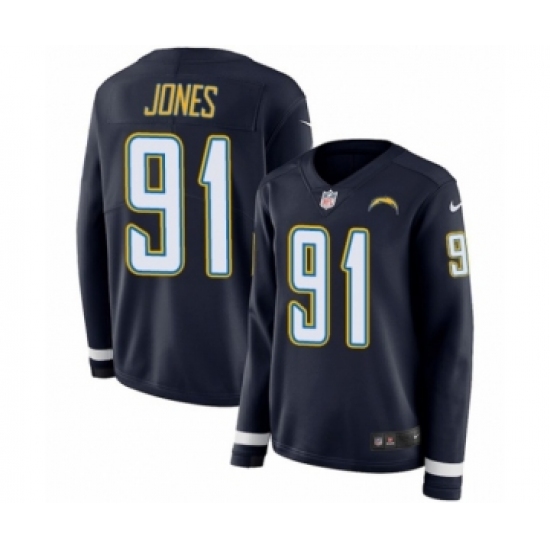 Women's Nike Los Angeles Chargers 91 Justin Jones Limited Navy Blue Therma Long Sleeve NFL Jersey