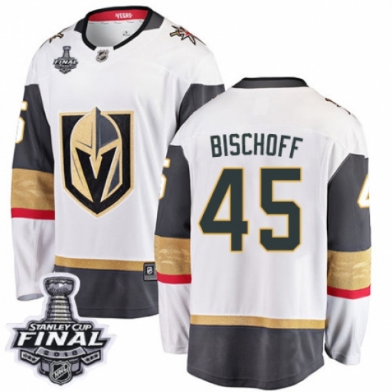Youth Vegas Golden Knights 45 Jake Bischoff Authentic White Away Fanatics Branded Breakaway 2018 Stanley Cup Final NHL Jersey