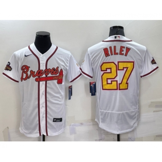 Men's Atlanta Braves 27 Austin Riley White Gold 2021 World Series Champions Stitched MLB Flex Base Jersey