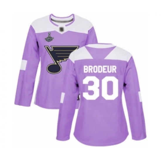 Women's St. Louis Blues 30 Martin Brodeur Authentic Purple Fights Cancer Practice 2019 Stanley Cup Champions Hockey Jersey
