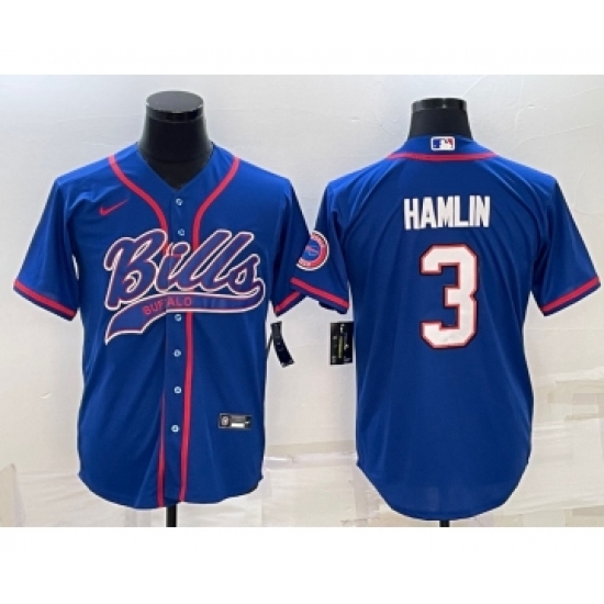 Men's Buffalo Bills 3 Damar Hamlin Blue With Patch Cool Base Stitched Baseball Jersey