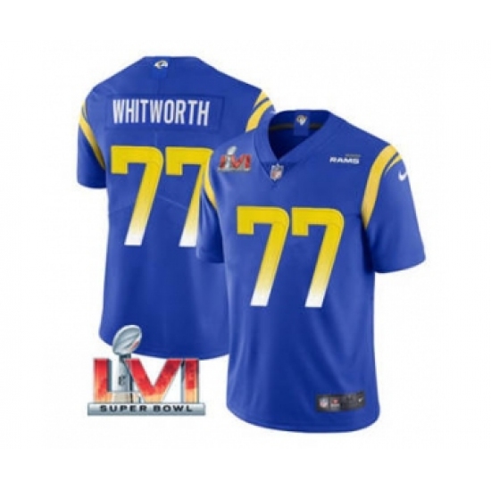 Men's Los Angeles Rams 77 Andrew Whitworth Royal 2022 Super Bowl LVI Vapor Limited Stitched Jersey