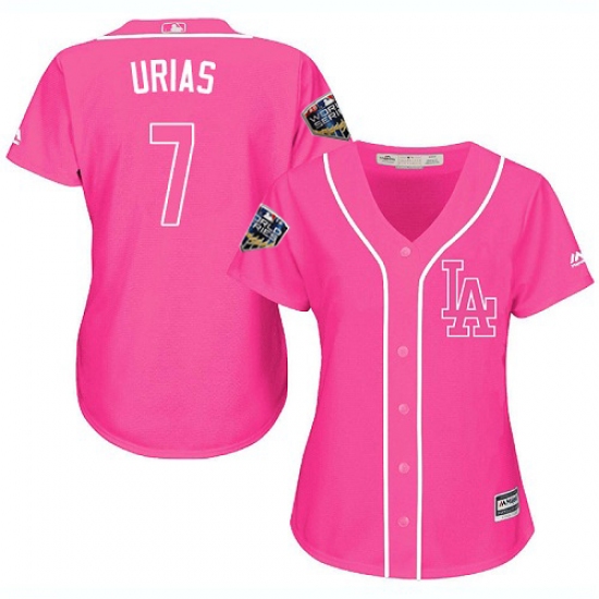 Women's Majestic Los Angeles Dodgers 7 Julio Urias Authentic Pink Fashion Cool Base 2018 World Series MLB Jersey