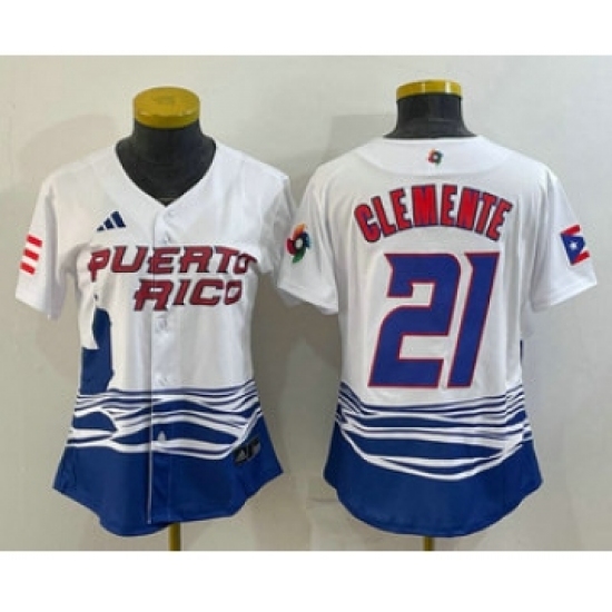 Women's Puerto Rico Baseball 21 Roberto Clemente 2023 White World Classic Stitched Jerseys