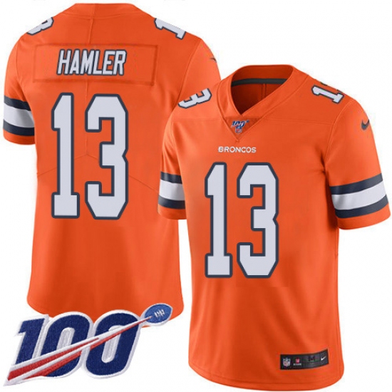 Men's Denver Broncos 13 KJ Hamler Orange Stitched Limited Rush 100th Season Jersey
