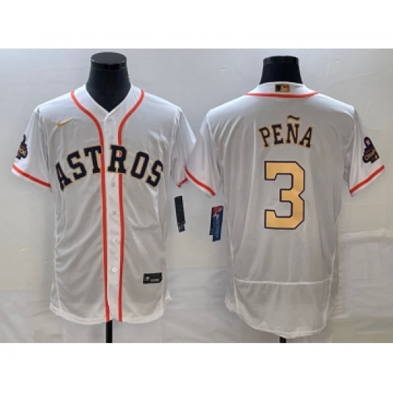 Men's Houston Astros 3 Jeremy Pena 2023 White Gold World Serise Champions Flex Base Stitched Jersey