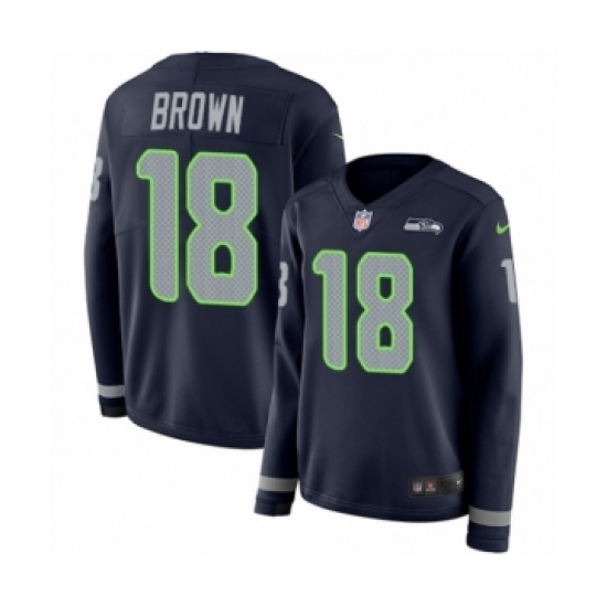 Women's Nike Seattle Seahawks 18 Jaron Brown Limited Navy Blue Therma Long Sleeve NFL Jersey