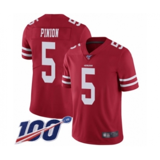 Youth San Francisco 49ers 5 Bradley Pinion Red Team Color Vapor Untouchable Limited Player 100th Season Football Jersey